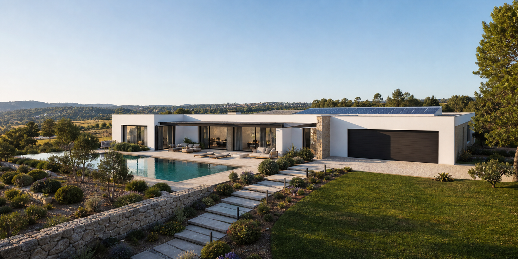 Casa moderna num terreno amplo com piscina, jardim, garagem e painéis solares